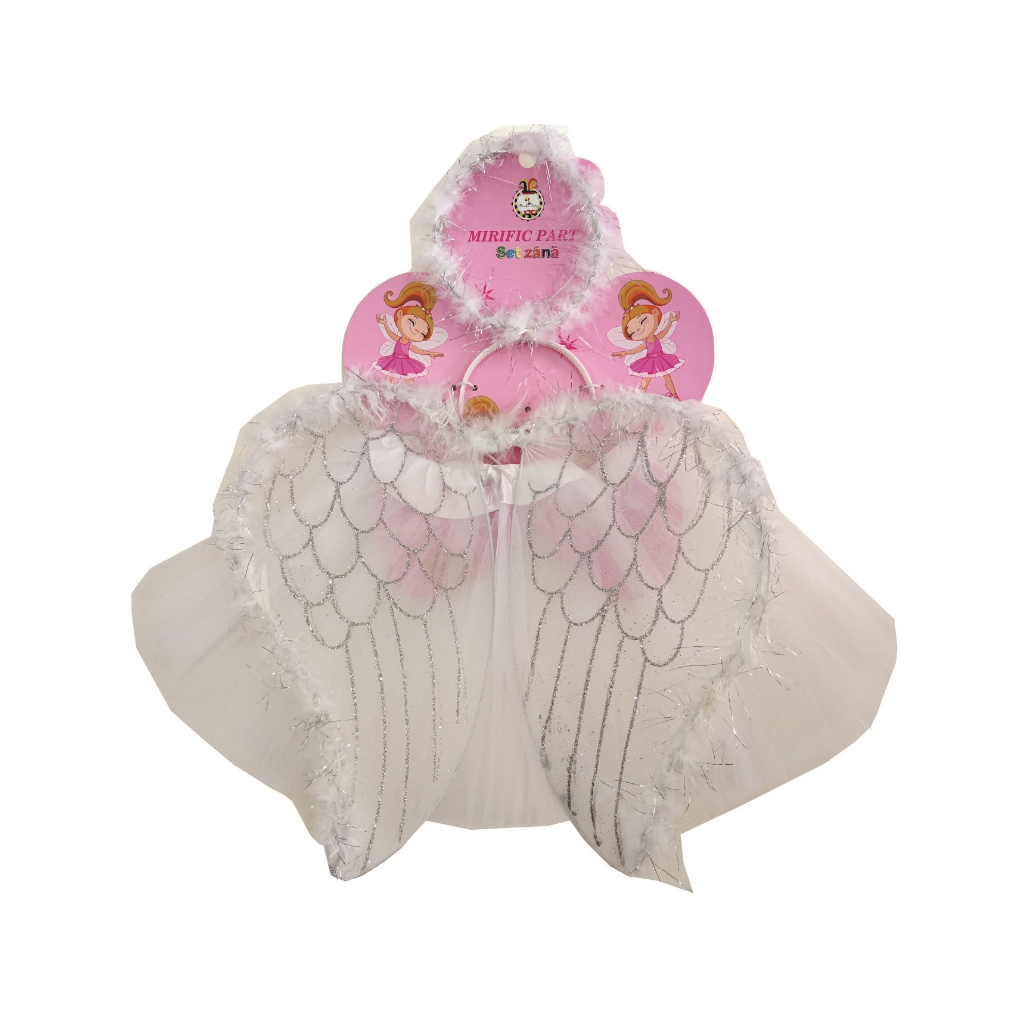 Set 3 piese aripi inger alb, cu puf