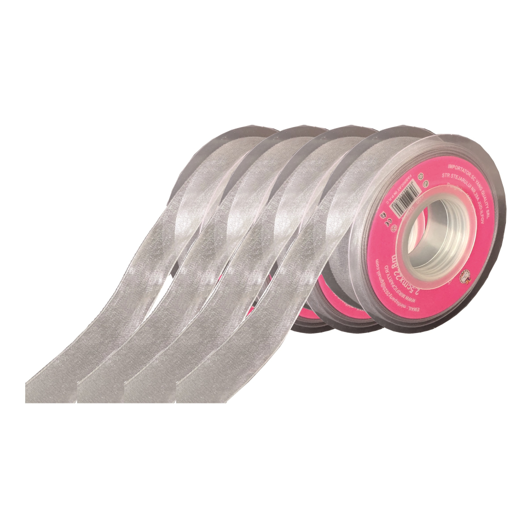 Panglica Organza argintiu, 23 m x 2.5 cm, QT9670