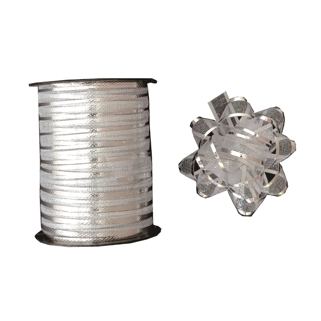 Set 4 buc. fundita decorativa si panglica 100 cm, argintiu