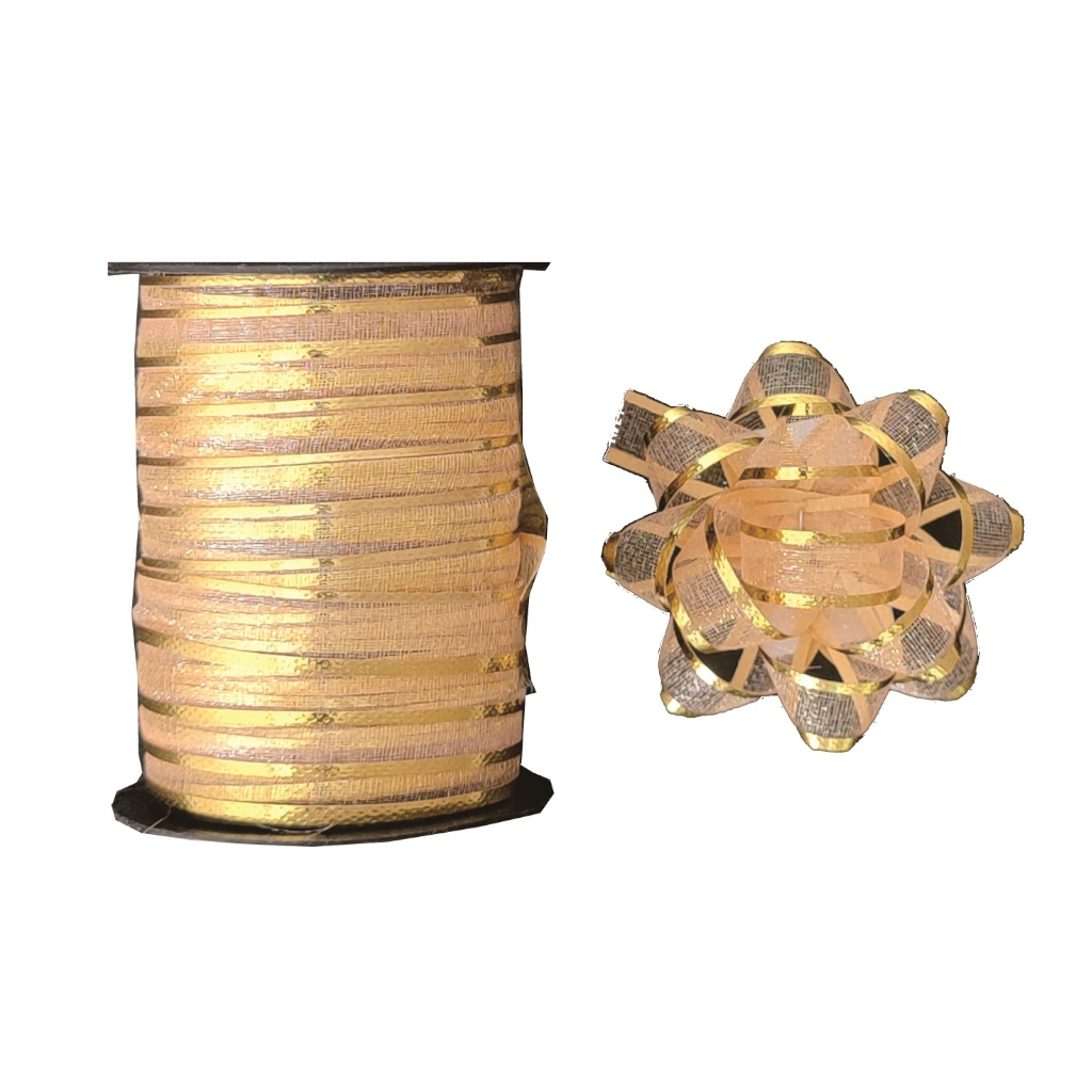 Set 4 buc. fundita decorativa si panglica 100 cm, auriu