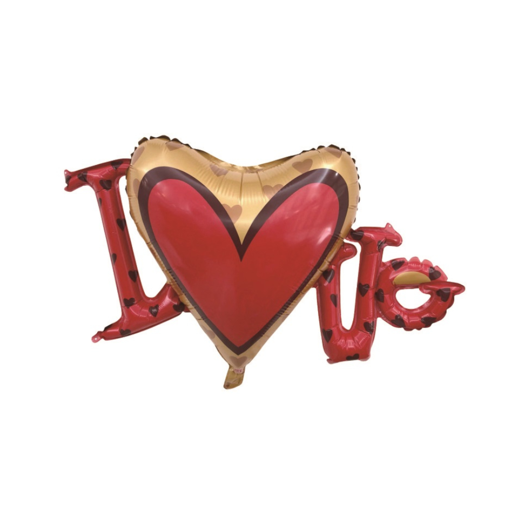 Balon party, folie metalizata rosu, auriu, 85x50 cm, 6 m, I love