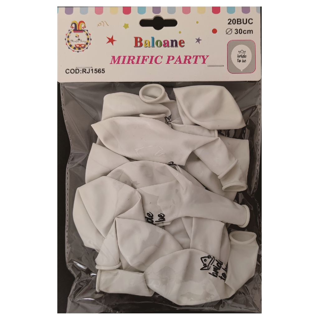 Balon party latex alb, negru, coroana, bride to be, 30 cm, 20 buc