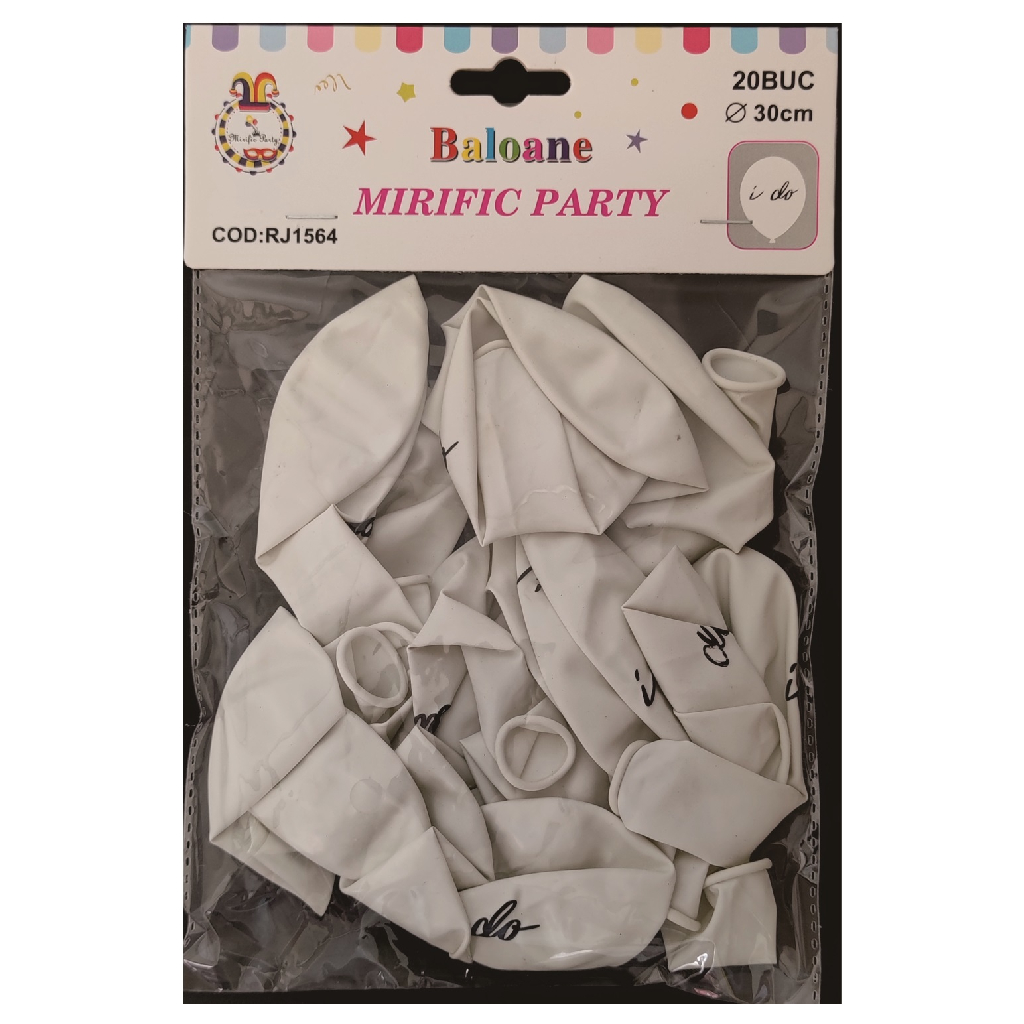 Balon party latex alb, negru, I do, 30 cm, 20 buc