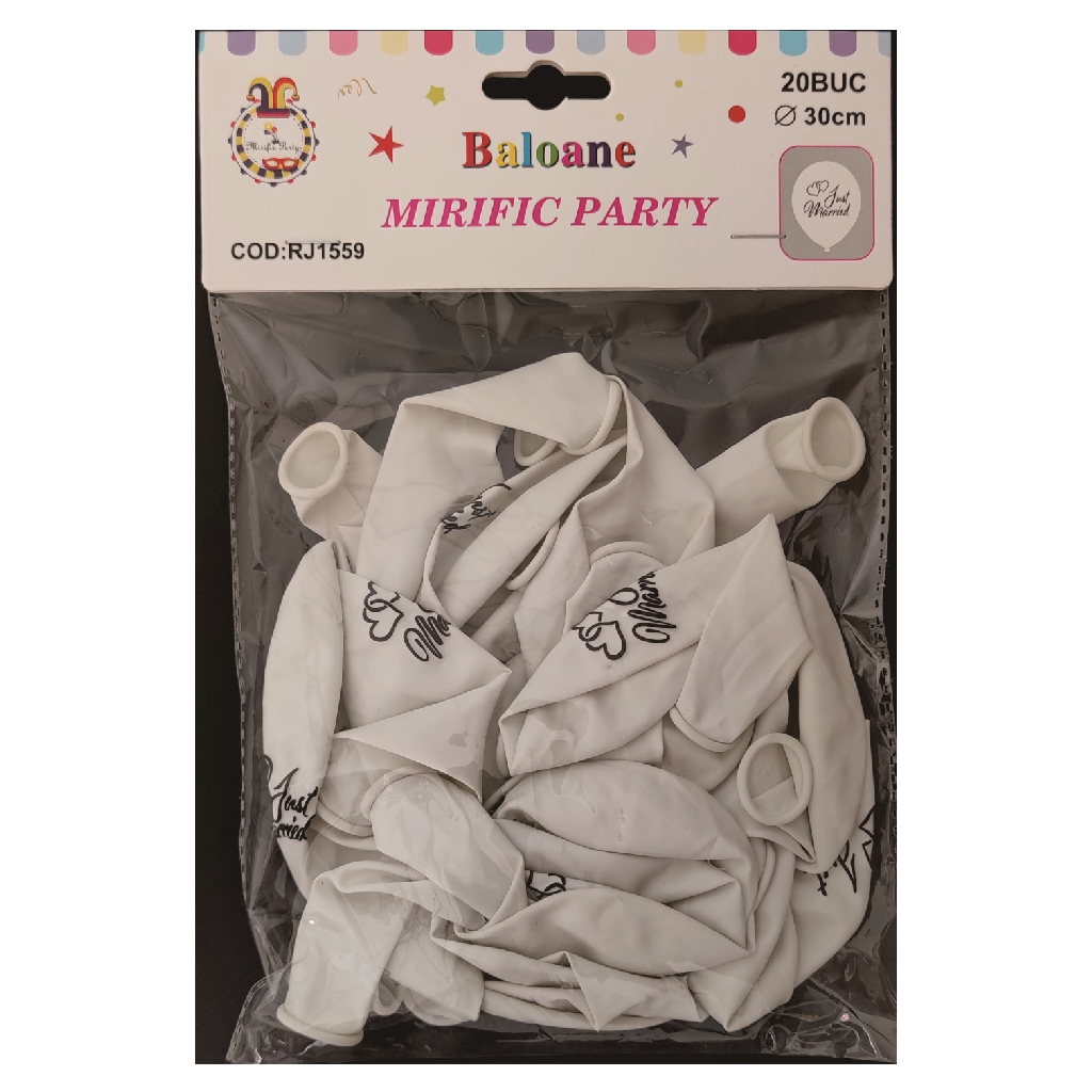 Balon party latex alb, negru, inima, just married, 30 cm, 20 buc