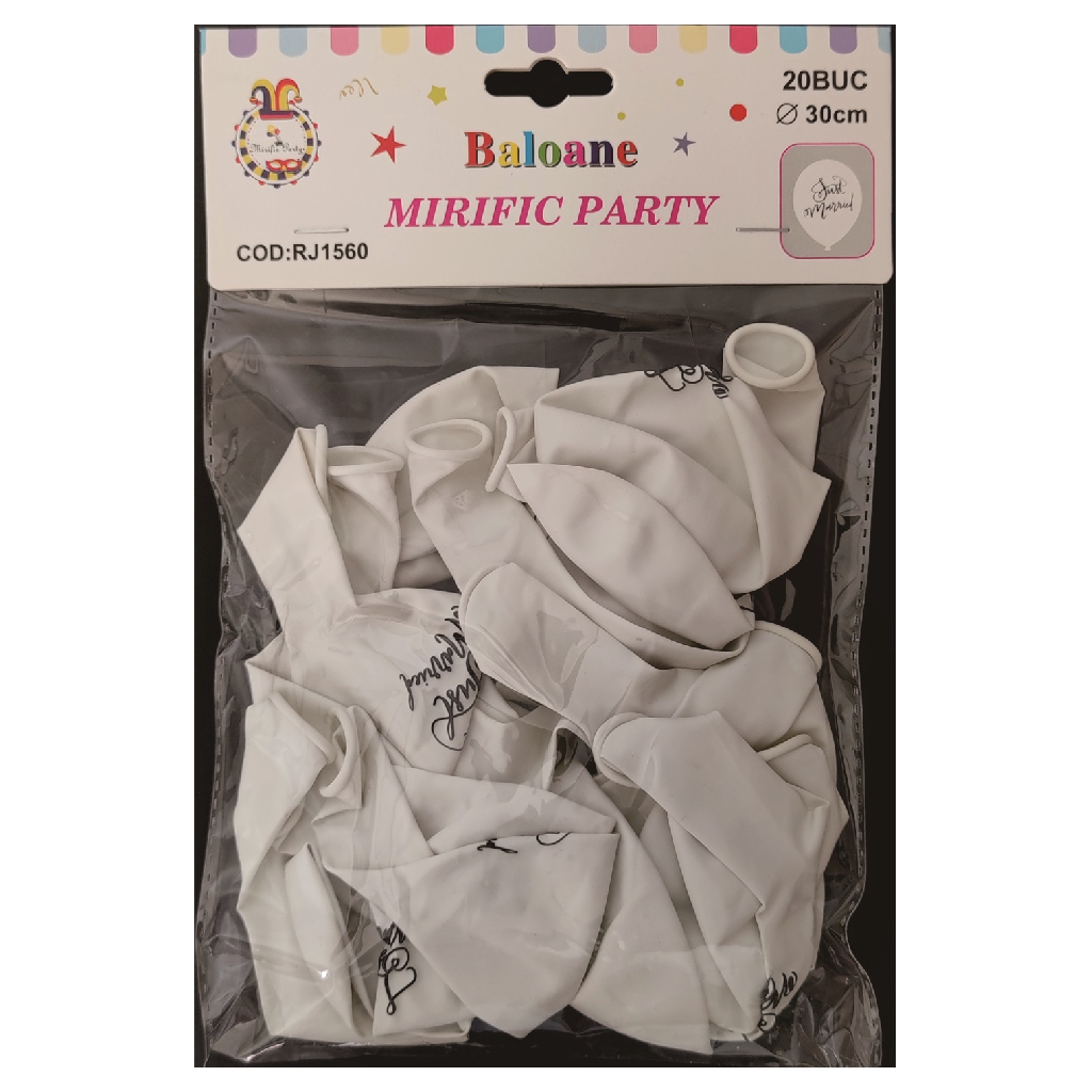 Balon party latex alb, negru, just married, 30 cm, 20 buc