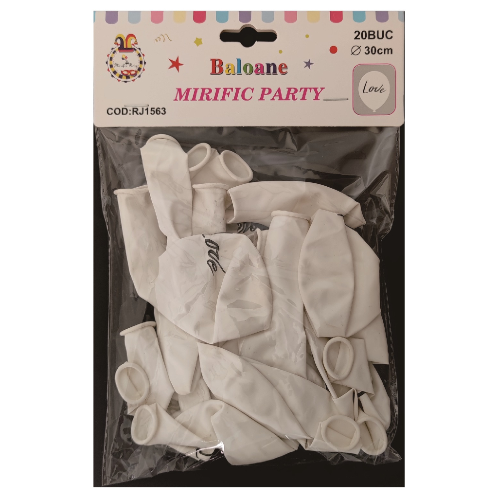 Balon party latex alb, negru, love, 30 cm, 20 buc