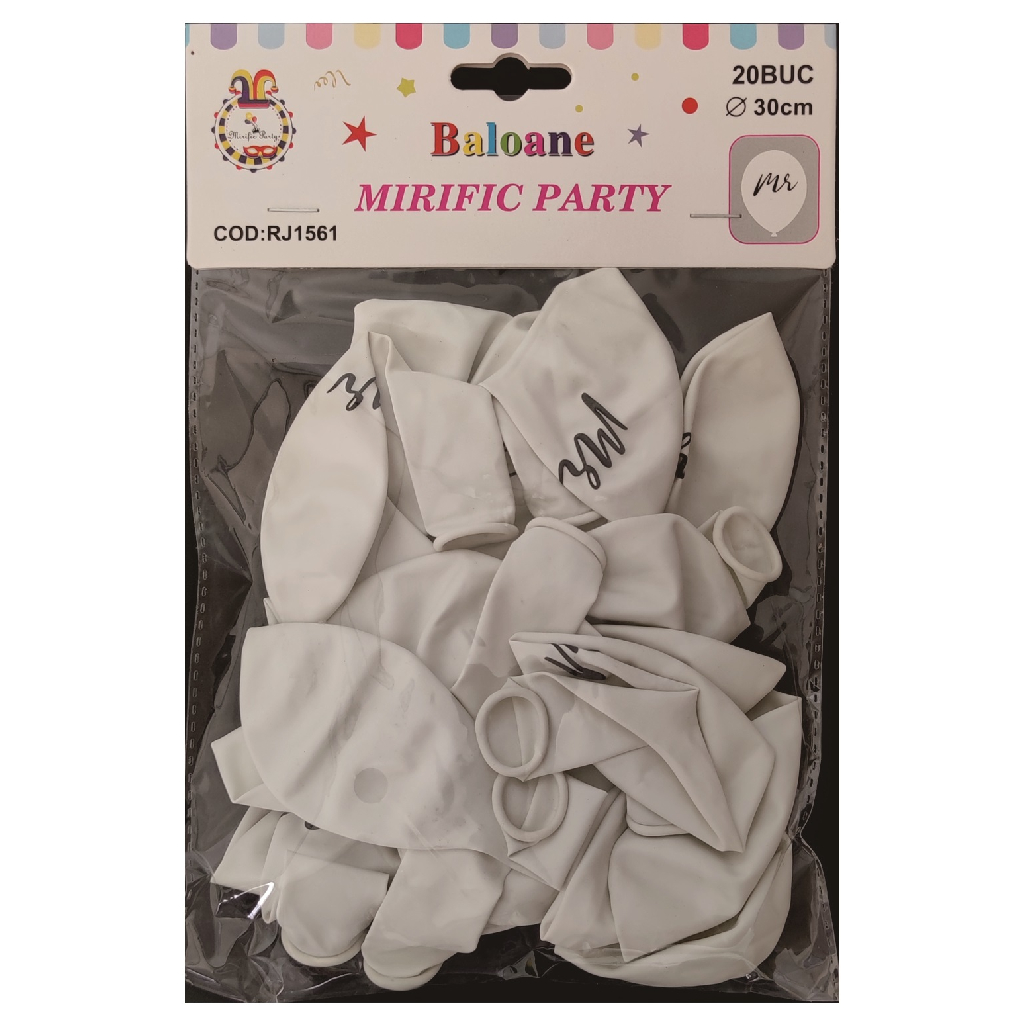 Balon party latex alb, negru, mr, 30 cm, 20 buc