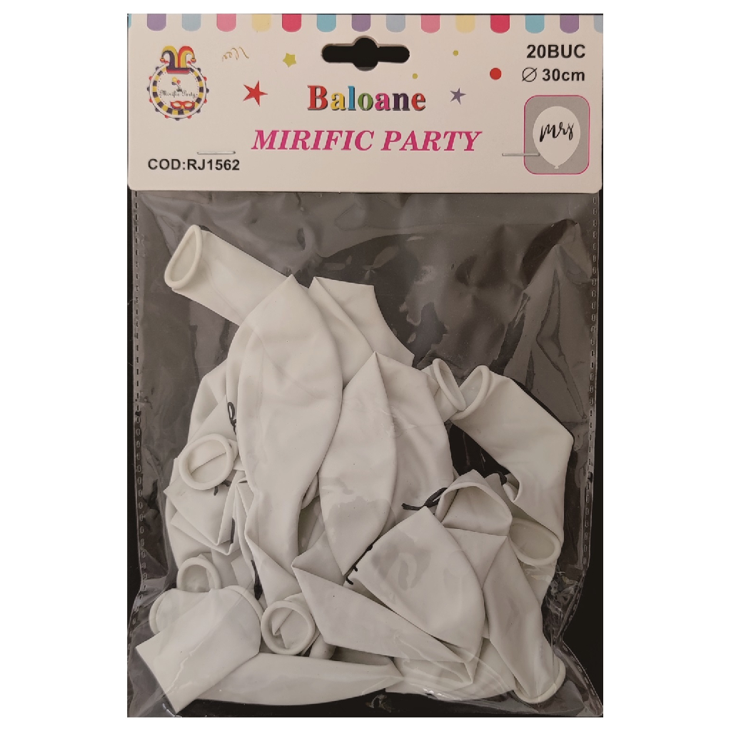Balon party latex alb, negru, mrs, 30 cm, 20 buc