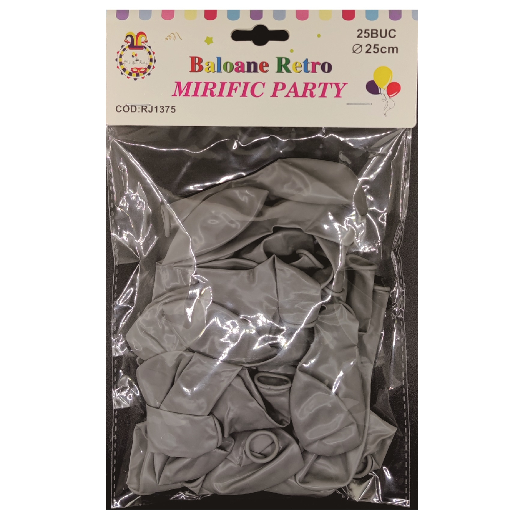 Balon party retro, latex, gri, 25 cm, 25 buc