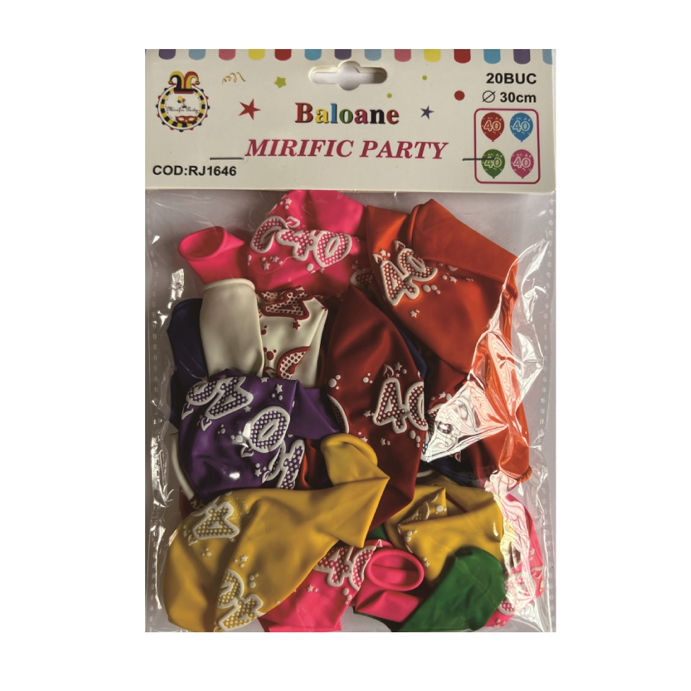 Balon party latex multicolor, 40 ani, 30 cm, 20 buc, PPRJ1646