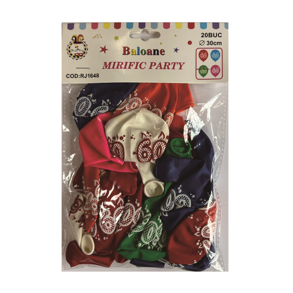Balon party latex multicolor, 60 ani, 30 cm, 20 buc, PPRJ1648