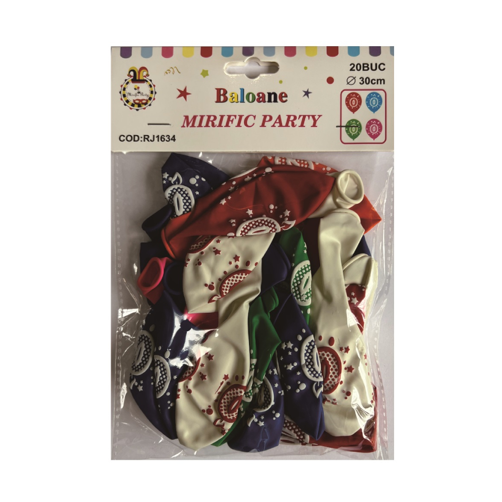 Balon party latex multicolor, cifra 0, 30 cm, 20 buc, PPRJ1634