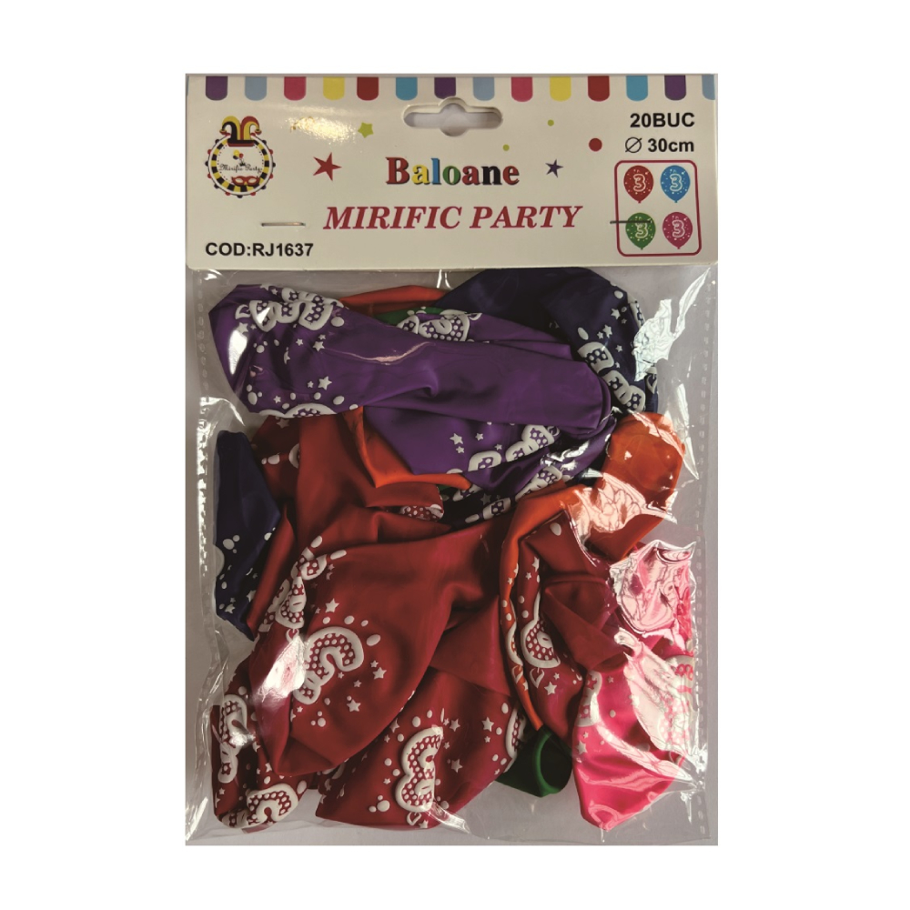 Balon party latex multicolor, cifra 3, 30 cm, 20 buc, PPRJ1637