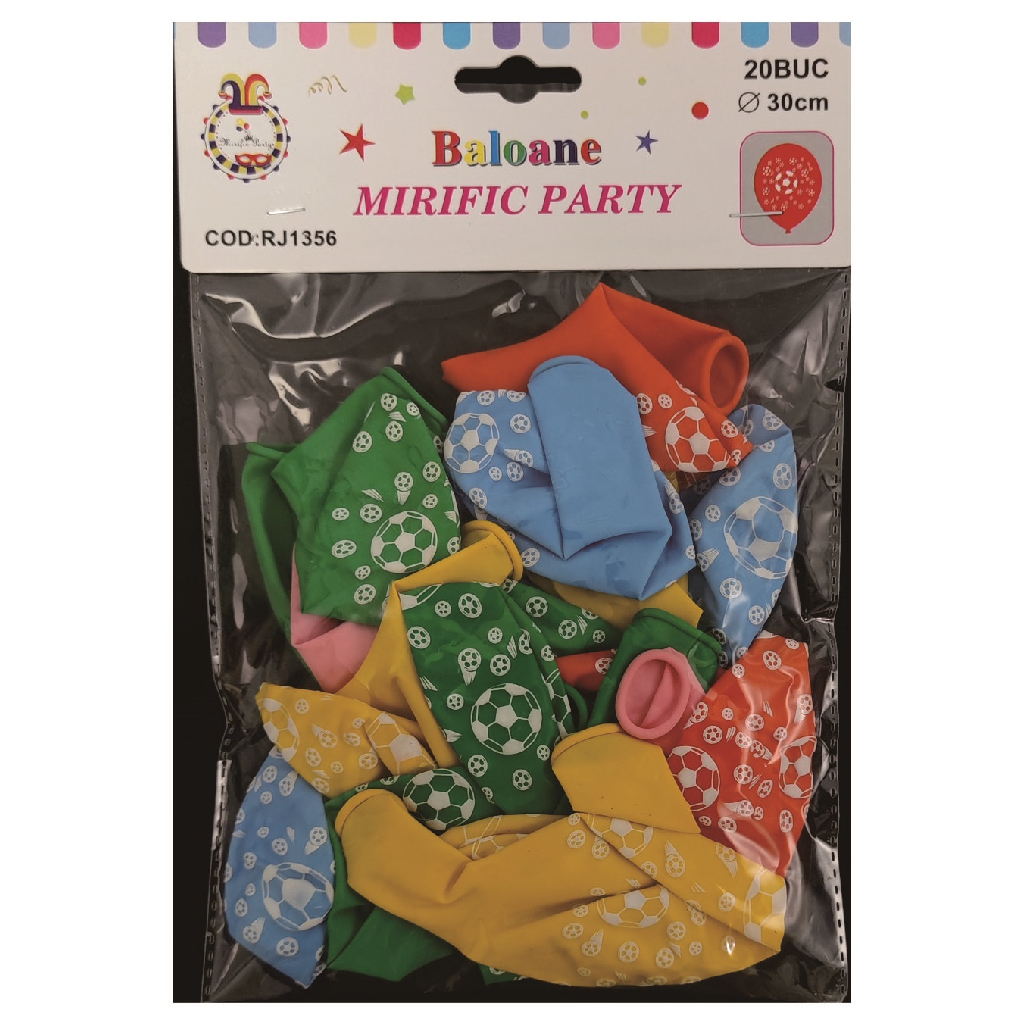Balon party latex, multicolor, minge fotbal, 30 cm, 20 buc