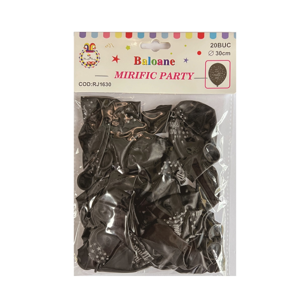 Balon party latex, negru, argintiu, la multi ani, 30 cm, 20 buc, PPRJ1630