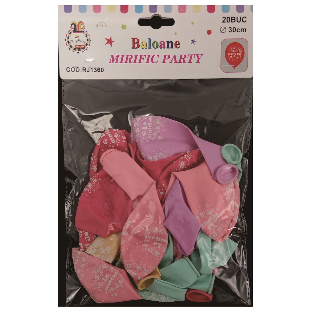 Balon party latex, roz, violet, rosu, galben, turcoaz, tort aniversar, la multi ani, 30 cm, 20 buc