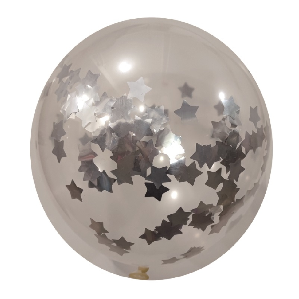 Balon party latex transparent, paiete argintii, stea, 35 cm, 5 buc