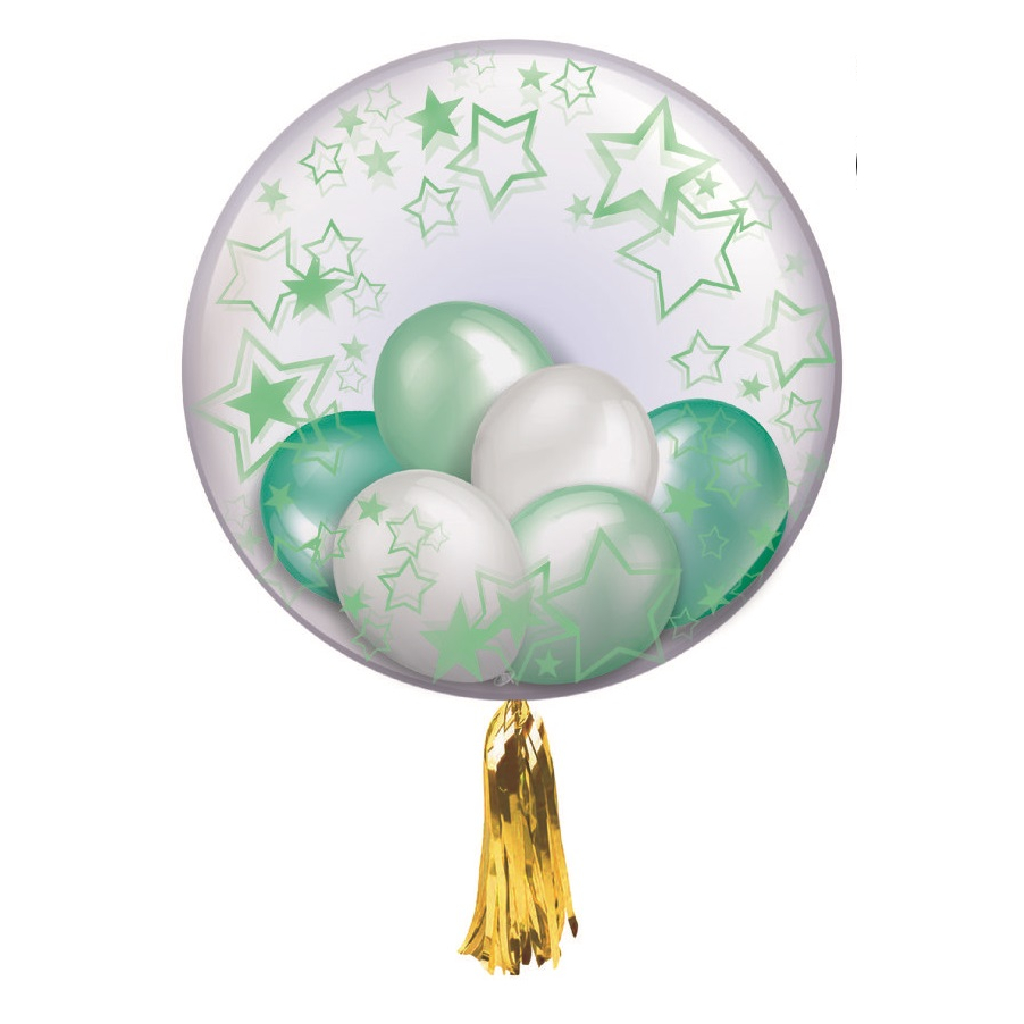 Balon party latex transparent, verde, stea, 35x12.5 cm