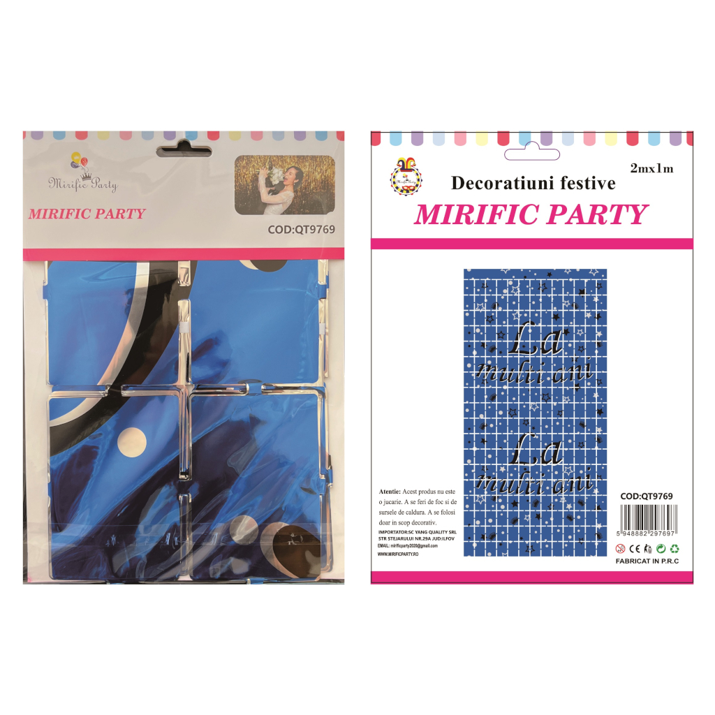 Perdea alb, negru, albastru, 2 m x 1 m, la multi ani