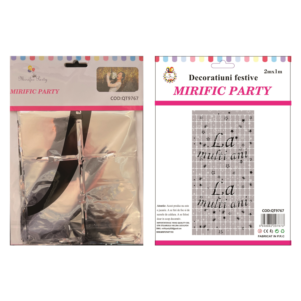 Perdea alb, negru, argintiu, 2 m x 1 m, la multi ani