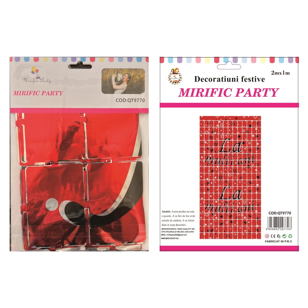Perdea alb, negru, rosu, 2 m x 1 m, la multi ani