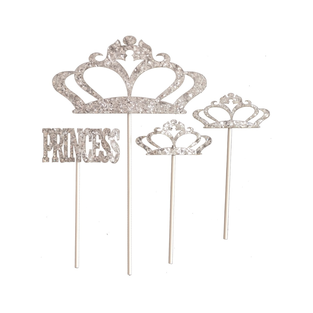 Set 4 buc. topper argintiu, cu sclipici, coroana, princess