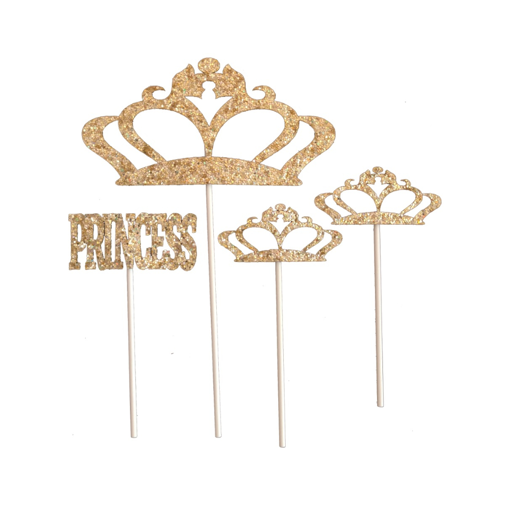 Set 4 buc. topper auriu, cu sclipici, coroana, princess