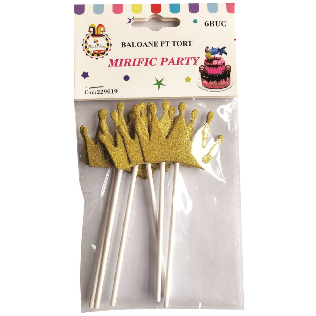 Set 6 buc topper auriu, cu sclipici, coroana