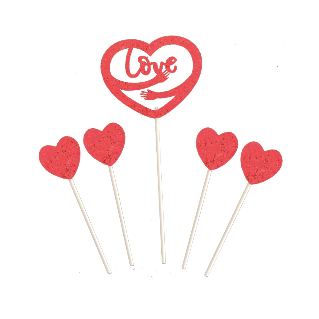 Set 5 buc. topper rosu, cu sclipici, inima, love