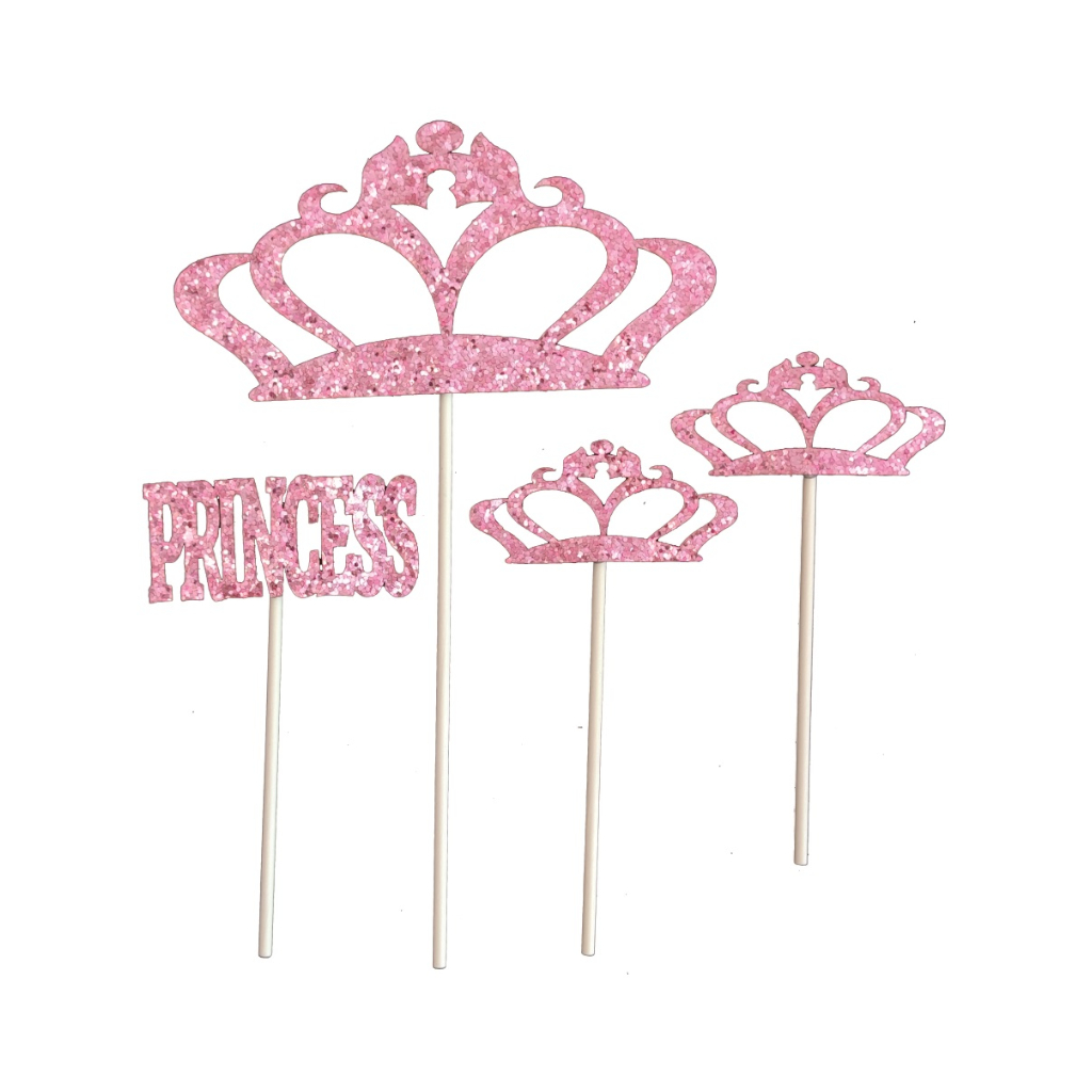 Set 4 buc. topper roz, cu sclipici, coroana, princess