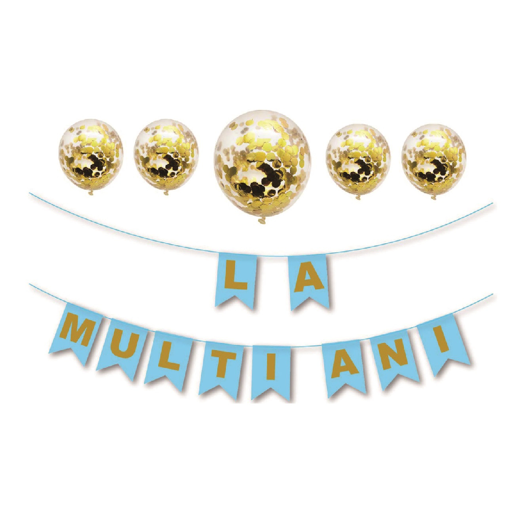 Set ghirlanda decorativa albastru, auriu, paiete aurii, TZ5174, la multi ani, 3 m