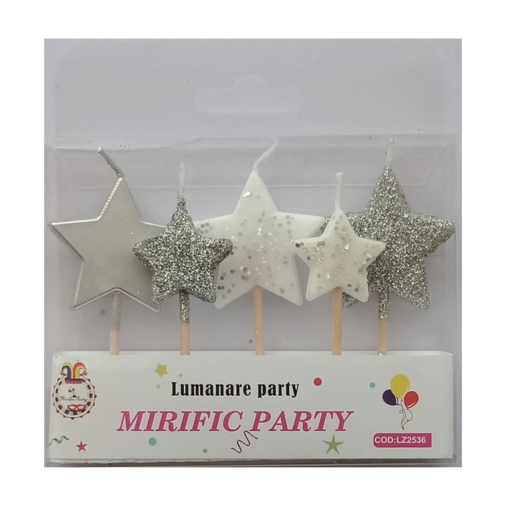 Set 5 lumanari tort alb, argintiu, cu sclipici, 3 cm, stea