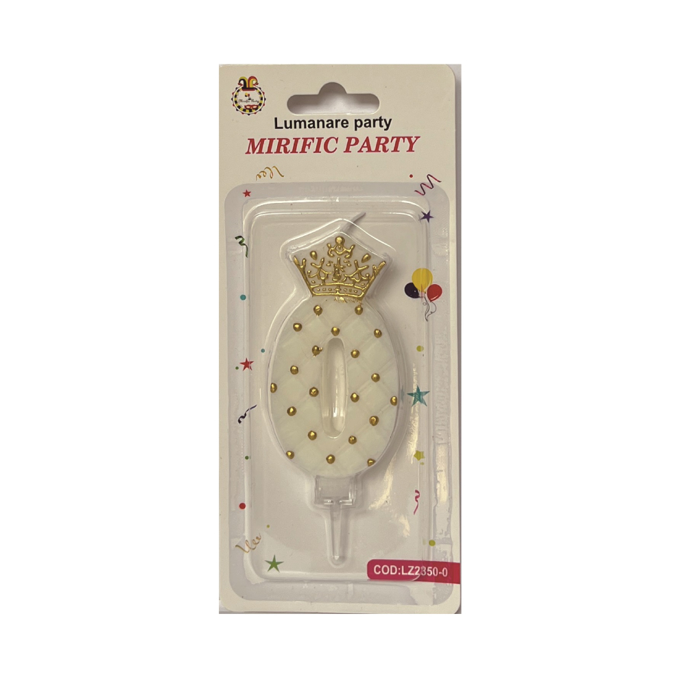 Lumanare tort alb, auriu, 12 cm, cifra 0, PPLZ2350-0