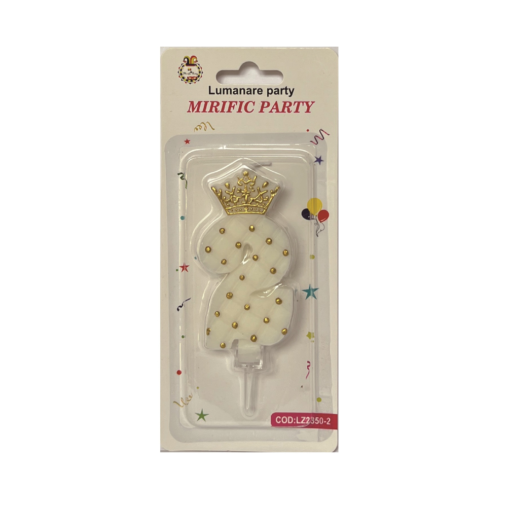 Lumanare tort alb, auriu, 12 cm, cifra 2, PPLZ2350-2