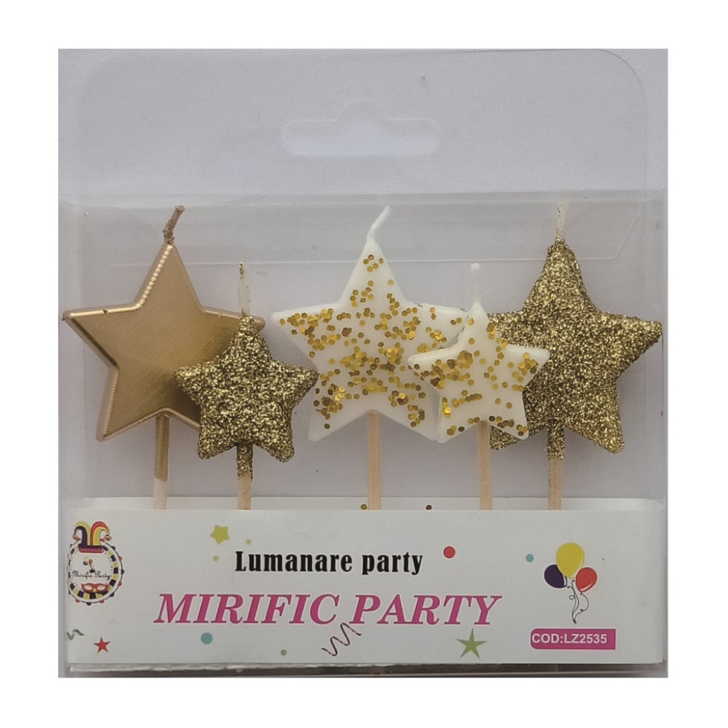 Set 5 lumanari tort alb, auriu, cu sclipici, 3 cm, stea