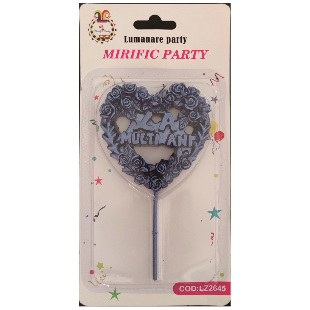 Lumanare tort albastru, 7 cm, inima, la multi ani