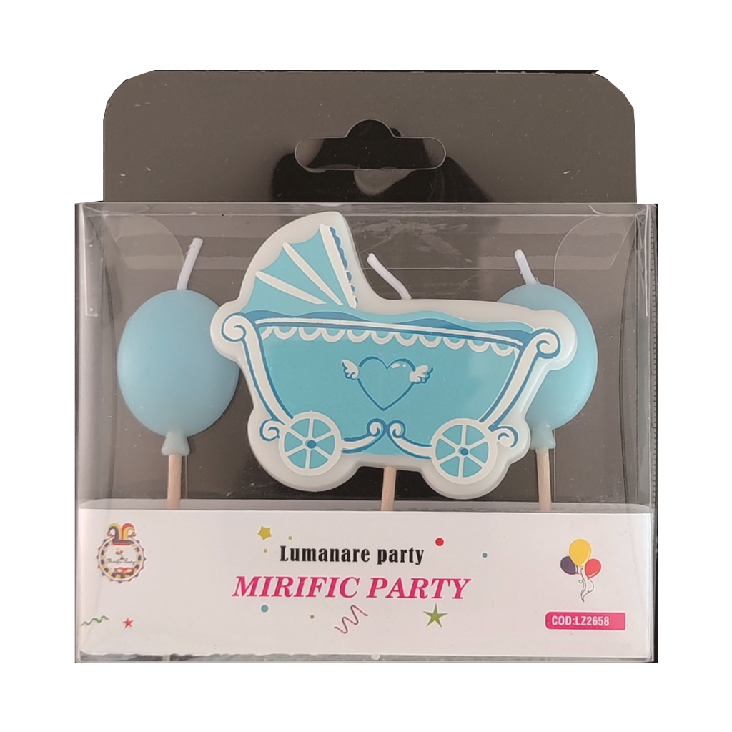 Set 3 lumanari tort albastru, 6x3 cm, carut bebe, baiat