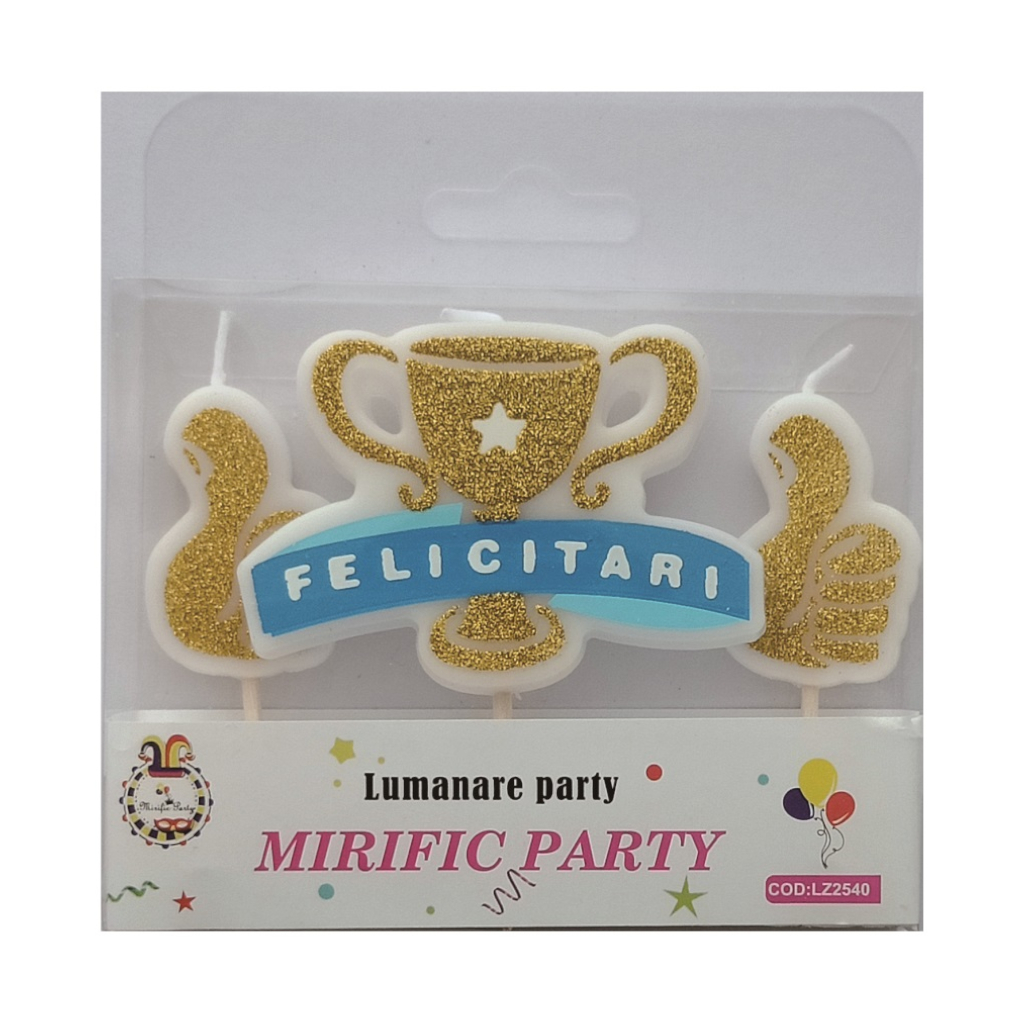 Lumanare tort albastru, auriu, cu sclipici 8 cm, cupa, felicitari