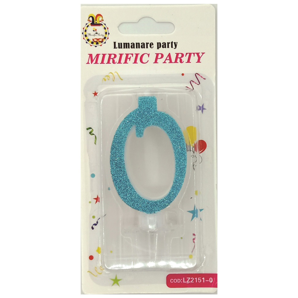 Lumanare tort albastru cu sclipici, 6 cm, cifra 0