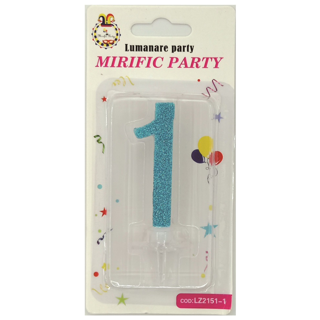 Lumanare tort albastru cu sclipici, 6 cm, cifra 1