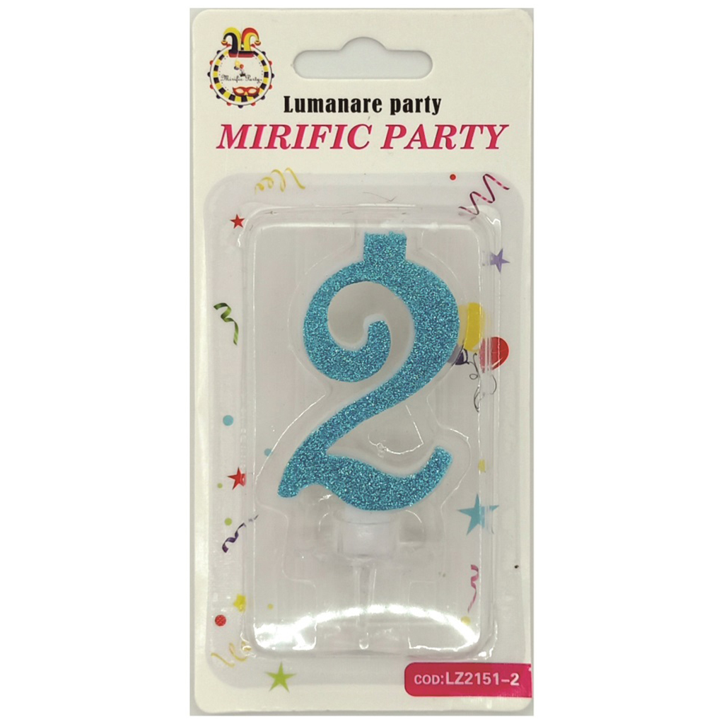 Lumanare tort albastru cu sclipici, 6 cm, cifra 2