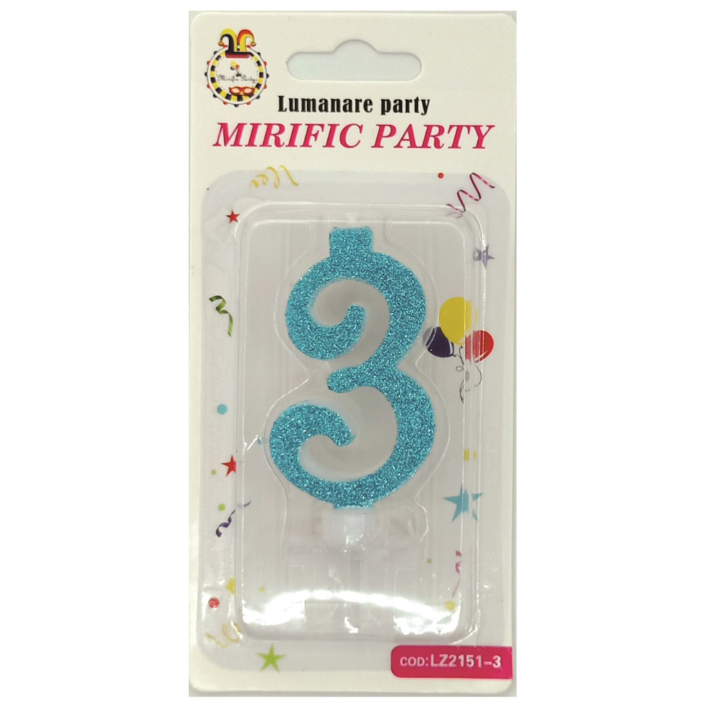 Lumanare tort albastru cu sclipici, 6 cm, cifra 3