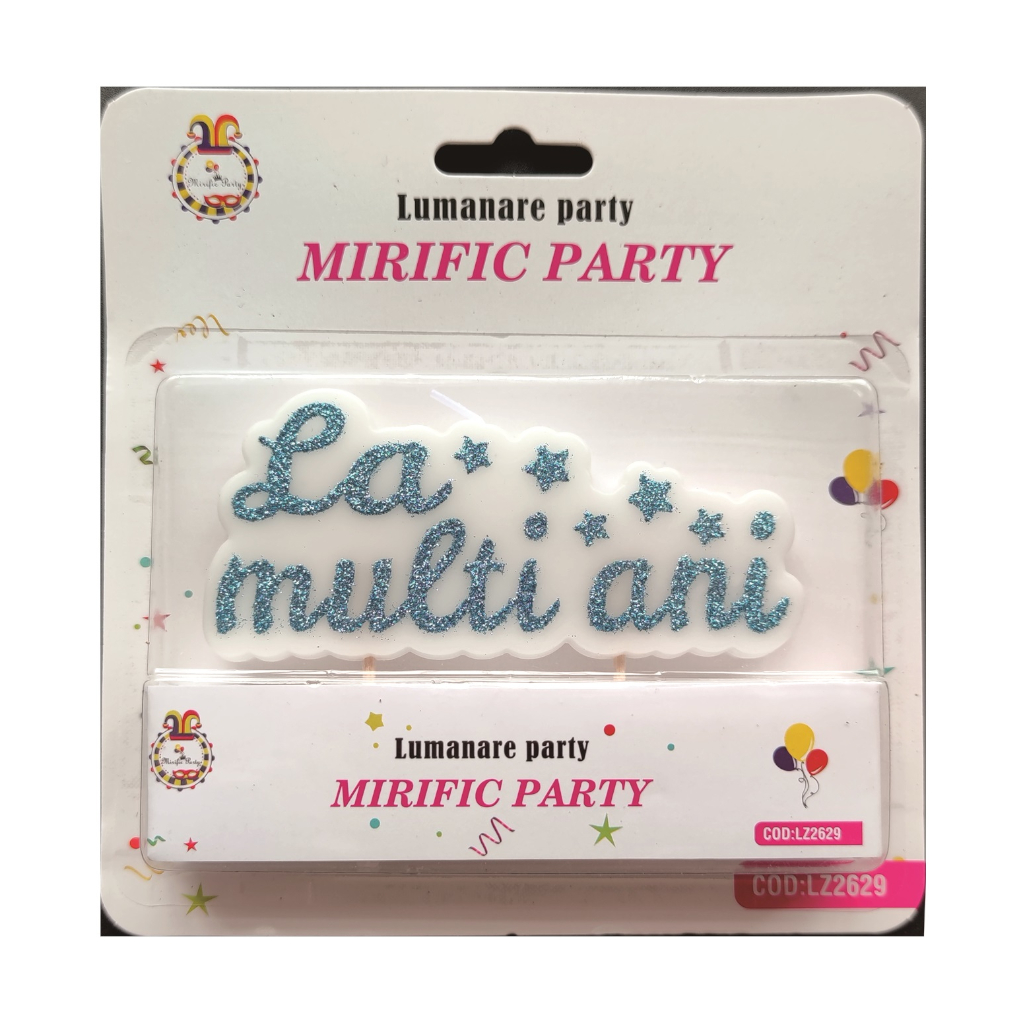 Lumanare tort alb, albastru, cu sclipici, la multi ani, PPLZ2629