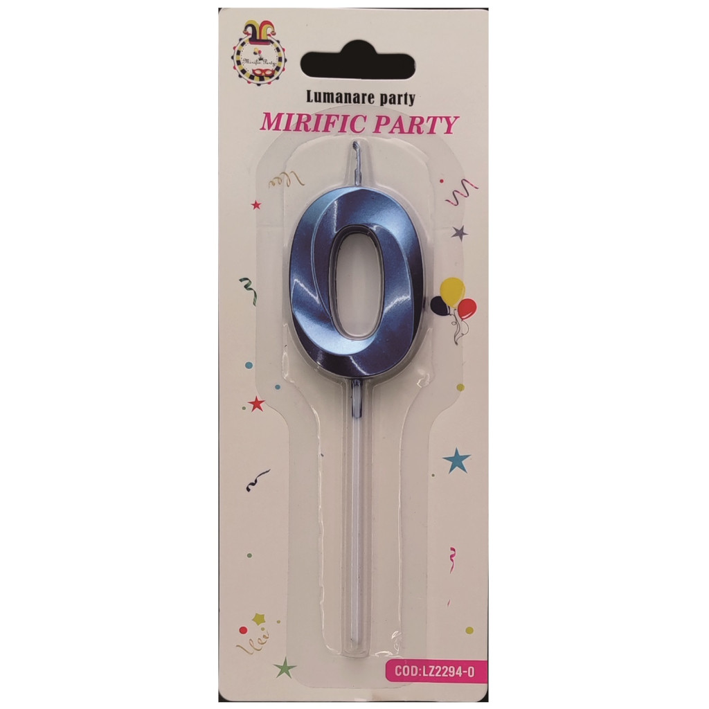 Lumanare tort, culoare albastru metalizat, 5 cm, cifra 0