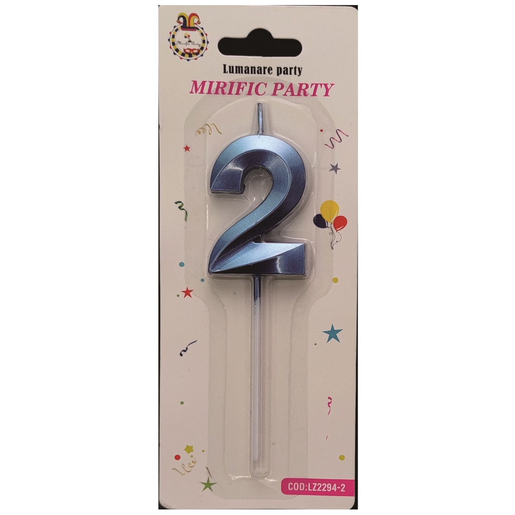 Lumanare tort, culoare albastru metalizat, 5 cm, cifra 2