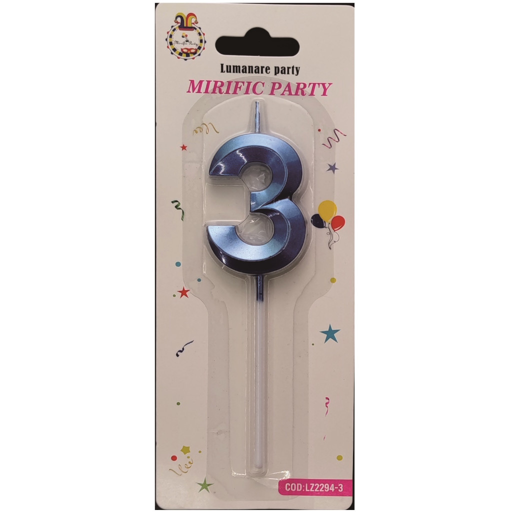 Lumanare tort, culoare albastru metalizat, 5 cm, cifra 3