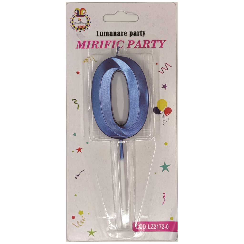 Lumanare tort, culoare albastru metalizat, 7 cm, cifra 0