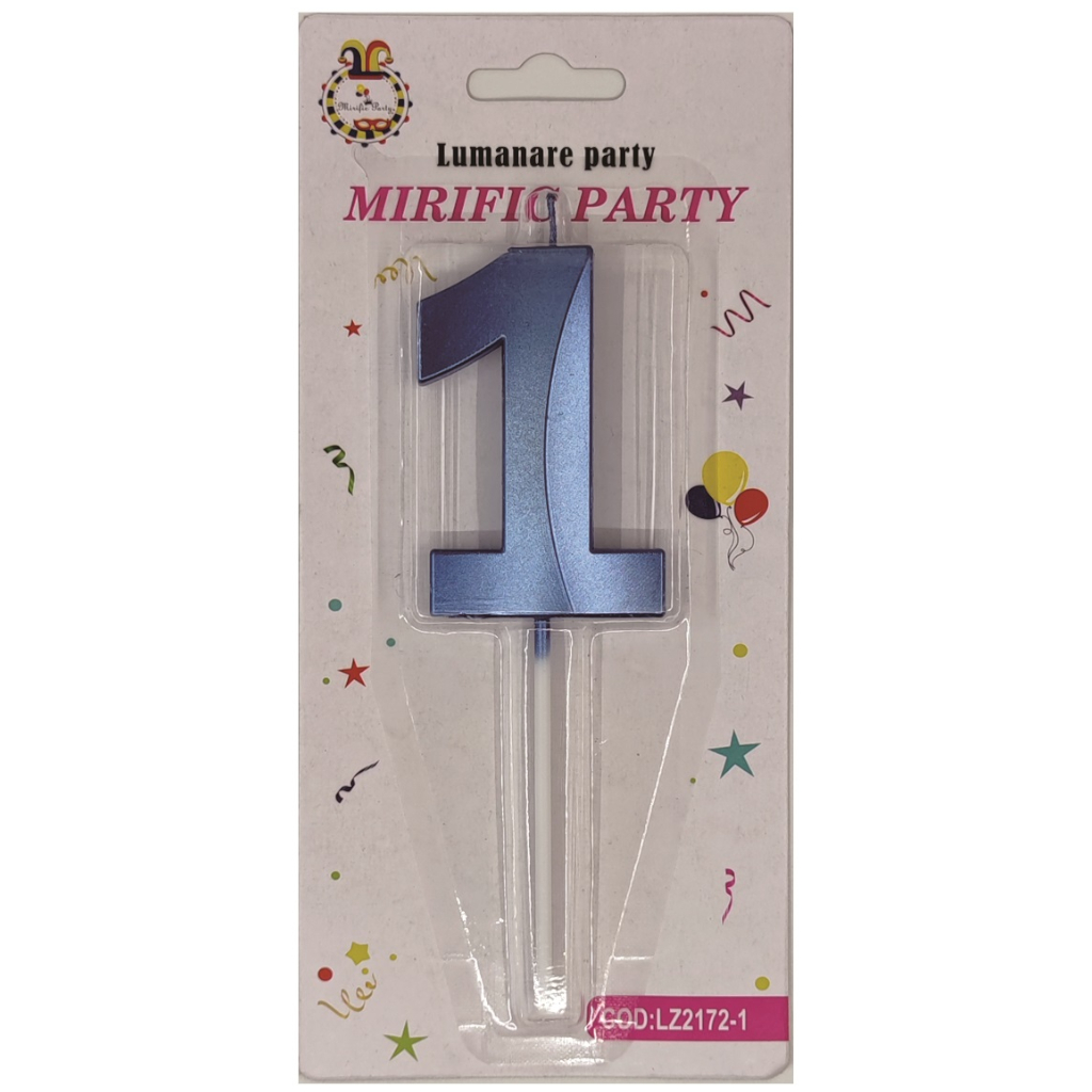 Lumanare tort, culoare albastru metalizat, 7 cm, cifra 1