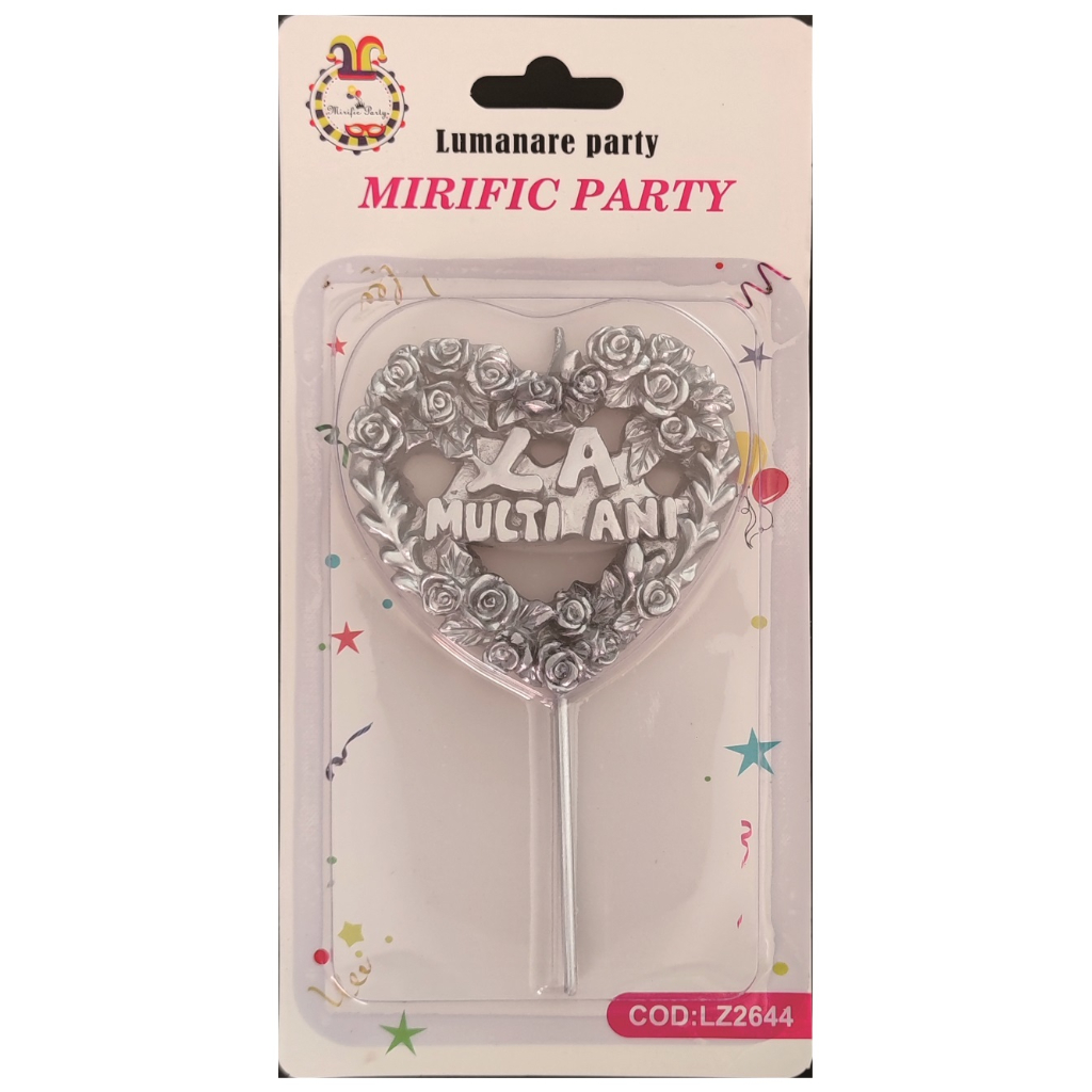 Lumanare tort argintiu, 7 cm, inima, la multi ani