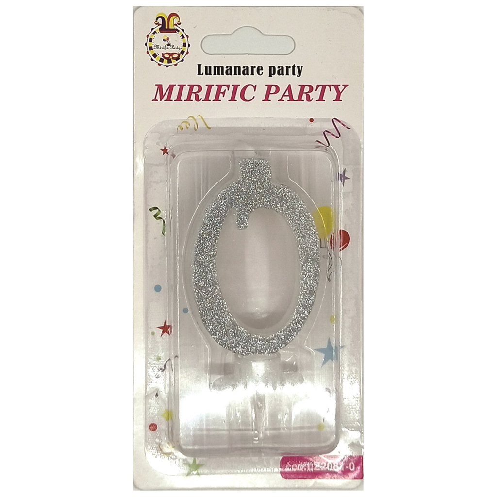 Lumanare tort argintiu cu sclipici, 6 cm, cifra 0